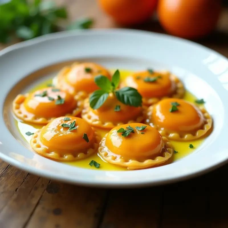 Plato blanco con raviolis de calabaza kabocha y ricotta de anacardos veganos, dispuestos en círculo con perejil fresco espolvoreado y un hilo de aceite de oliva virgen extra, receta Thermomix.