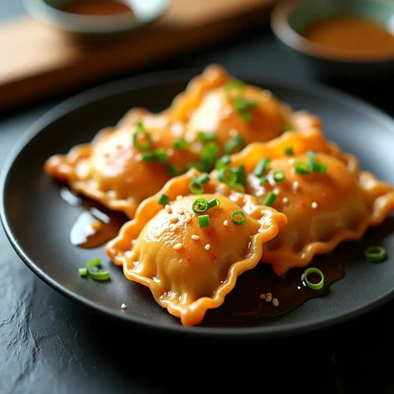 Raviolis dorados y crujientes rellenos de camarón y wasabi, servidos en un plato negro con salsa de soja reducida brillante y cebollino picado. Receta japonesa en airfryer con textura perfecta.