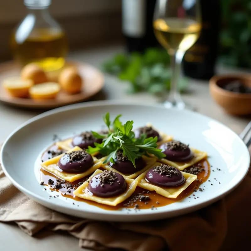 Plato blanco de porcelana con raviolis veganos de camote morado y champiñones portobello, bañados en salsa de trufa negra, decorados con virutas de trufa y hojas de rúcula. Fondo borroso con mantel de lino beige y copas de vino.