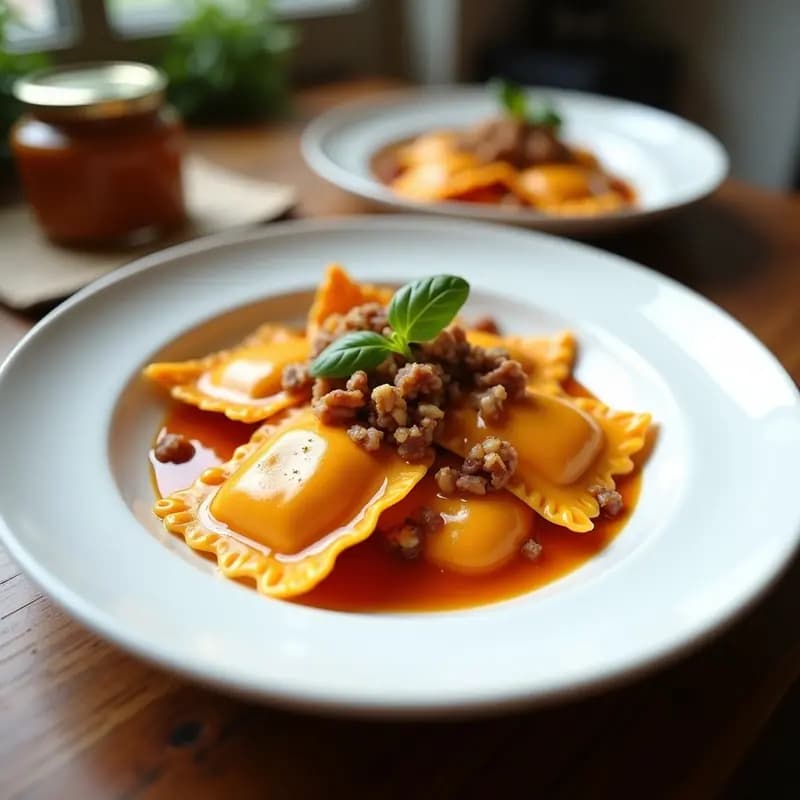 Plato blanco con raviolis caseros de camote y queso de cabra, bañados en una salsa cremosa de nueces y miel, decorados con nueces picadas y un toque de pimienta negra, receta en Thermomix.