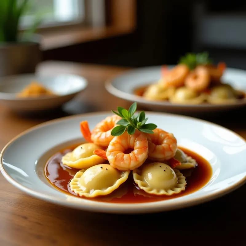 Plato blanco con raviolis chinos de camarón y jengibre al vapor, bañados en salsa de soya y ajo, decorados con cebollino fresco y un hilo de aceite de sésamo.