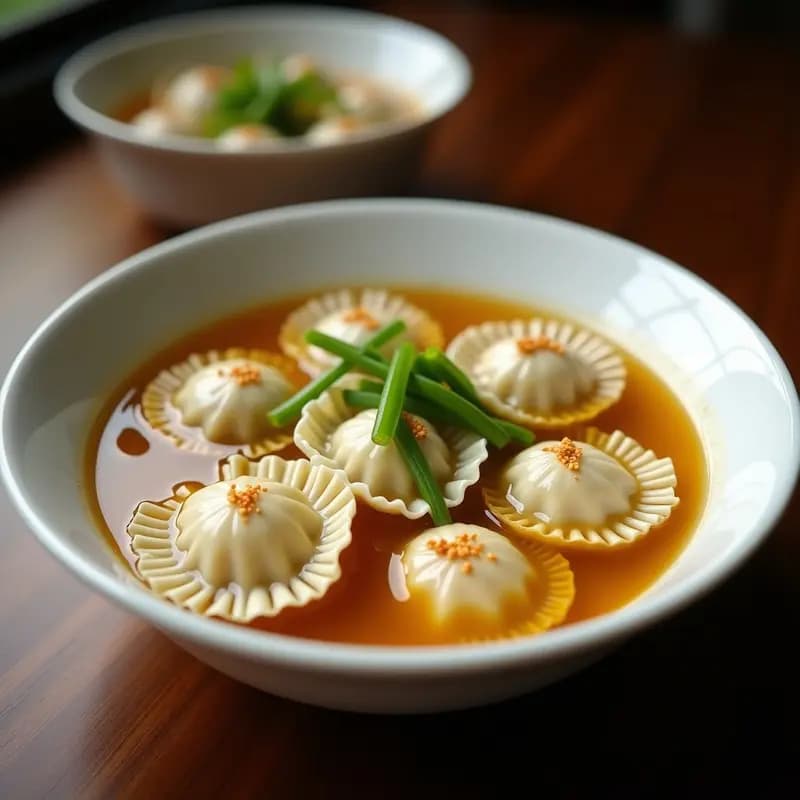 Cuenco de porcelana blanca con raviolis chinos de cerdo y repollo en caldo de jengibre transparente, decorados con cebolla verde picada y un hilo de aceite de sésamo. Plato tradicional cantones con fondo de mesa de madera oscura y utensilios de bambú.