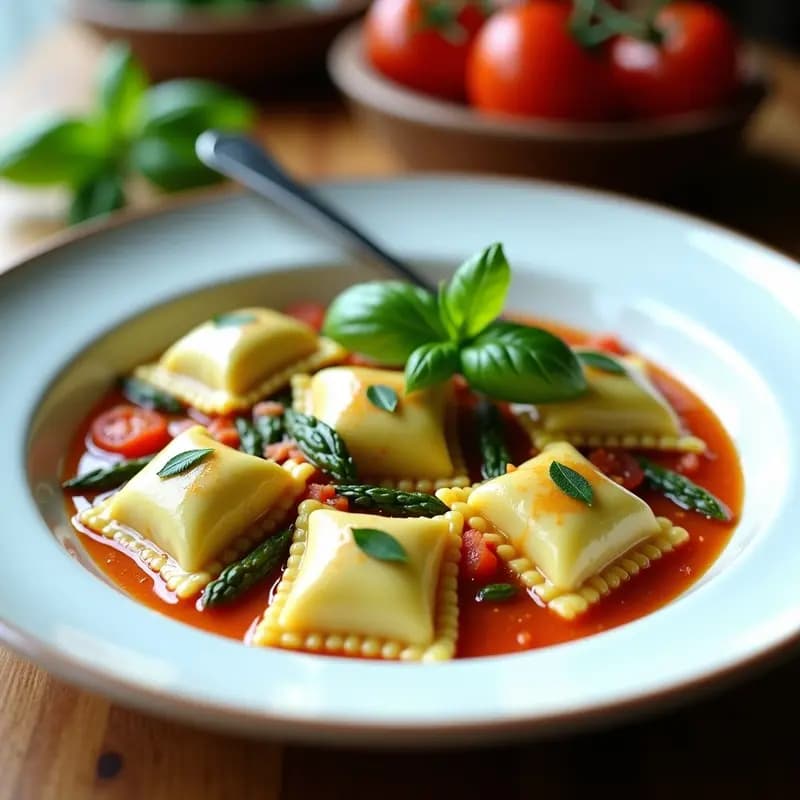 Plato blanco con raviolis caseros de espárragos trigueros y ricotta de anacardos, bañados en salsa de tomate y albahaca fresca. Receta italiana vegana sin gluten, servida con un hilo de aceite de oliva virgen extra.