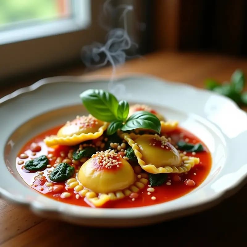 Plato blanco con raviolis de espinaca y tofu ahumado en Thermomix sin harina, bañados en salsa de tomate y decorados con semillas de sésamo y hojas de albahaca fresca.