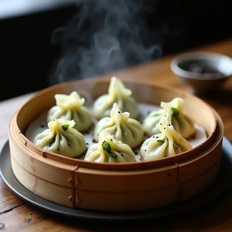 Raviolis chinos al vapor con masa translúcida de trigo sarraceno, rellenos de espinacas verdes y queso de anacardo cremoso, servidos en una vaporera de bambú sobre fondo oscuro con semillas de sésamo negro espolvoreadas.