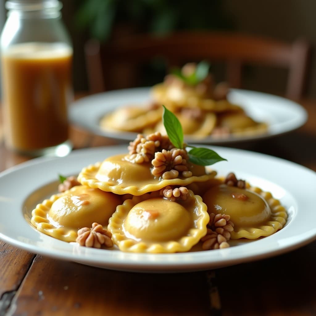 Plato blanco con raviolis dorados rellenos de espinacas y queso brie, bañados en salsa cremosa de nueces tostadas, servidos en un mantel rústico con nueces picadas y hierbas frescas como decoración. Receta francesa en airfryer.