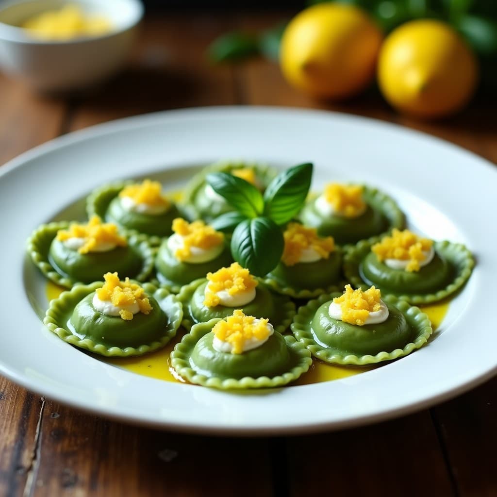 Plato blanco con raviolis de masa verde de espinacas rellenos de ricotta vegana, decorados con cáscara de limón confitado amarillo brillante y hojas de albahaca fresca. Receta italiana sin lactosa.