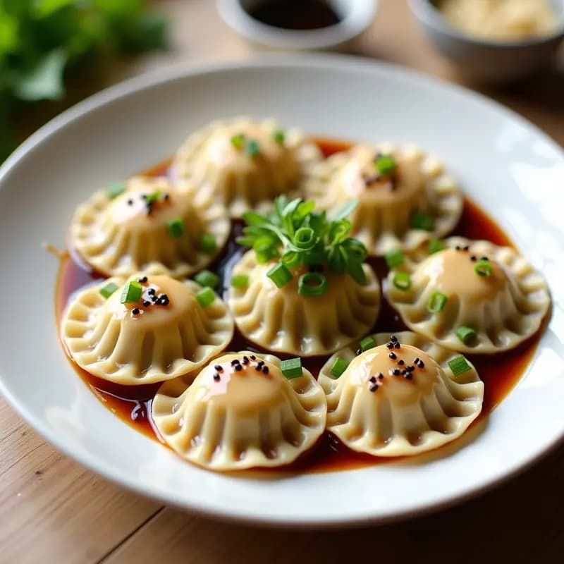 Plato blanco con raviolis chinos dorados rellenos de espinacas y tofu, bañados en salsa de sésamo y soja, decorados con semillas de sésamo blanco y cebolla morada salteada. Receta vegana en wok.