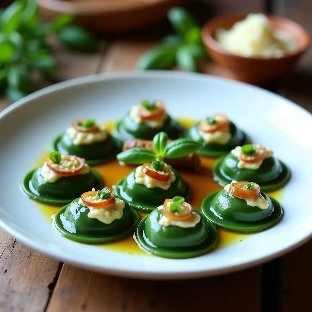 Plato blanco con raviolis de espirulina de color verde azulado, rellenos de queso de castaña, servidos con cebolla morada caramelizada y albahaca fresca. Receta italiana sin gluten en Thermomix.