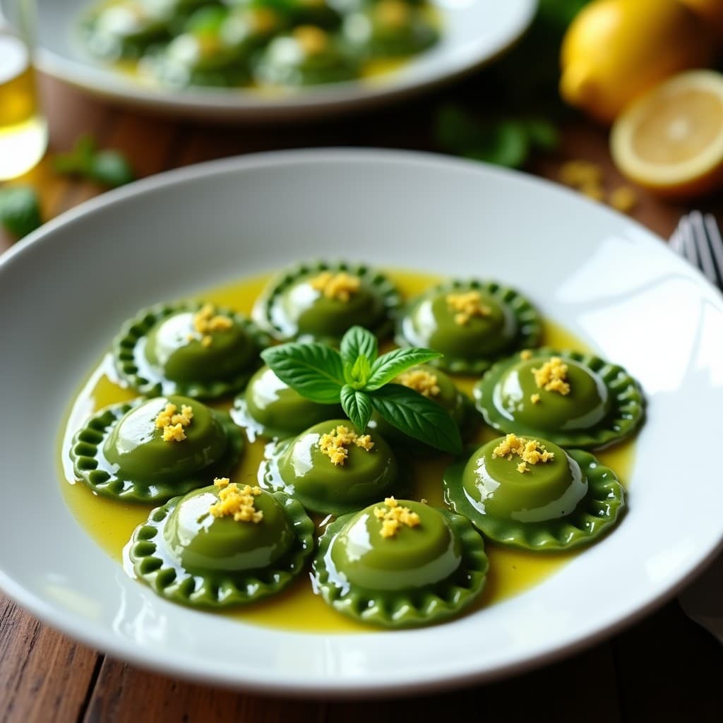 Plato blanco con raviolis de espirulina al vapor, de color verde esmeralda, rellenos de ricotta de anacardos y limón, decorados con hojas de albahaca fresca y un hilo de aceite de oliva virgen extra.