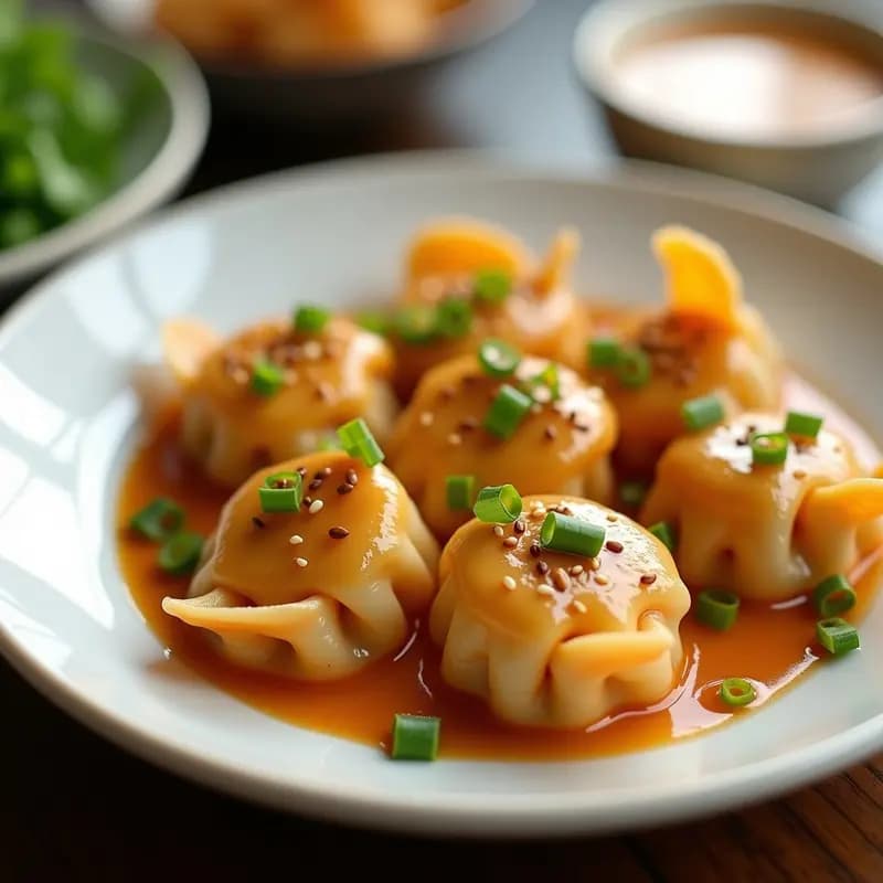 Raviolis chinos dorados y crujientes rellenos de gambas y jengibre, servidos en un plato negro con salsa de sésamo espesa y semillas de sésamo tostadas. Decorados con cebollino fresco y rodajas de pepino al fondo. Receta en airfryer.