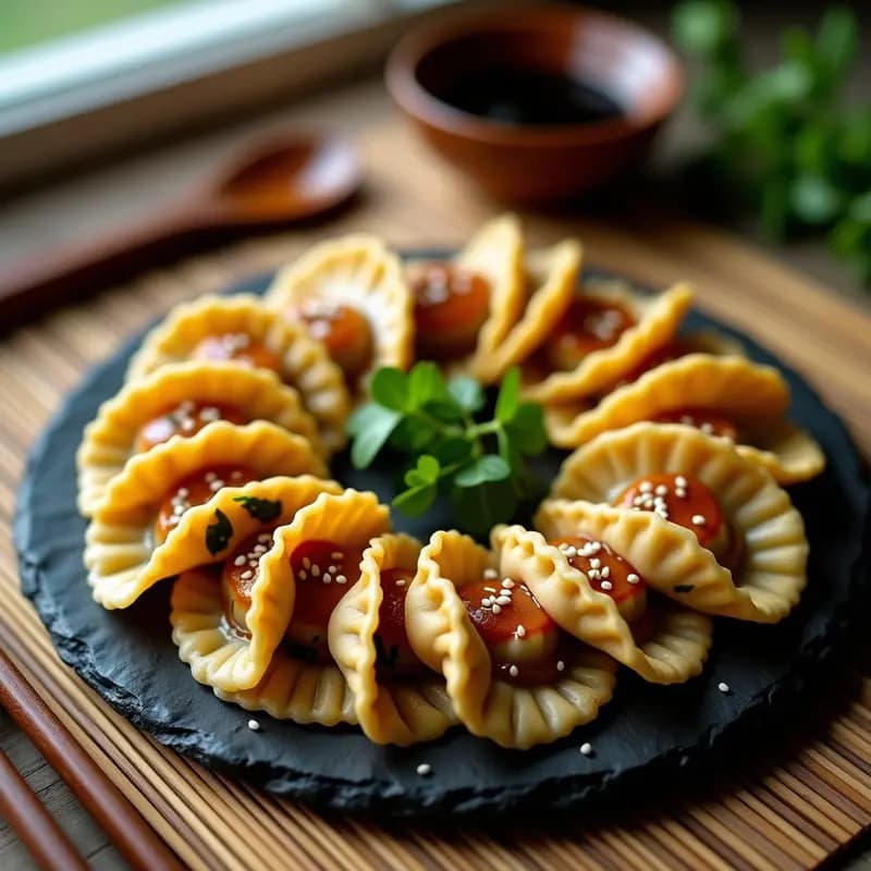 Plato de raviolis japoneses gyoza veganos dorados en sartén, rellenos de hongos shiitake y espinacas, con semillas de sésamo y salsa de soja, servidos sobre un mantel de bambú.