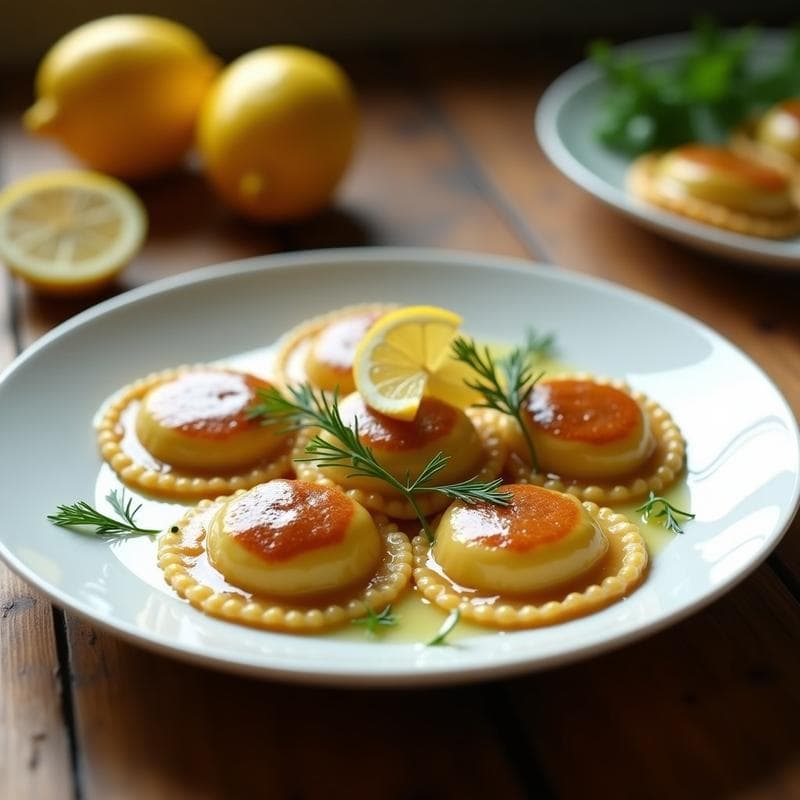 Plato blanco con raviolis dorados rellenos de hongos shiitake y tofu sedoso, servidos con salsa de limón y eneldo fresco, receta griega en airfryer.