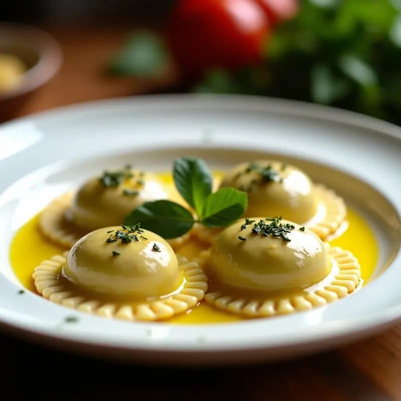 Plato blanco con raviolis caseros de champiñones portobello y espinacas bañados en salsa de azafrán dorada, decorados con hebras de azafrán y perejil fresco. Receta vegana y sin gluten.