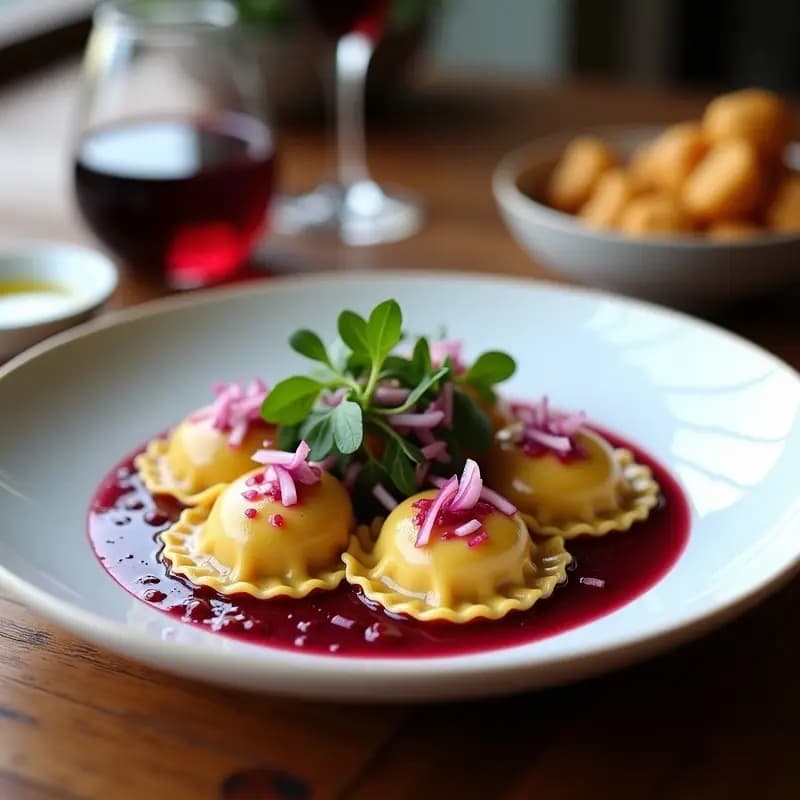 Plato blanco con raviolis de remolacha y queso de cashew dorados en Airfryer, bañados en salsa de reducción de vino tinto oscura, decorados con cebolla morada caramelizada y hojas de rúcula.