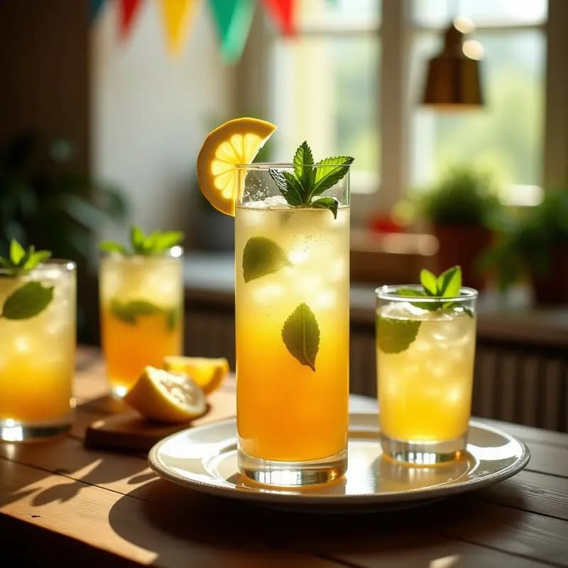 Jarra de cristal con rebujito andaluz, cóctel dorado y burbujeante con hojas de menta fresca, rodajas de limón y hielo, servido en copas altas sobre una mesa rústica de madera con fondo de feria.