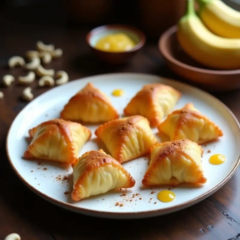 Rellenos de guayaba y queso de anacardos en masa de yuca vegana, postre venezolano con bordes dorados, relleno cremoso y aroma a canela, servidos en plato de cerámica blanca.