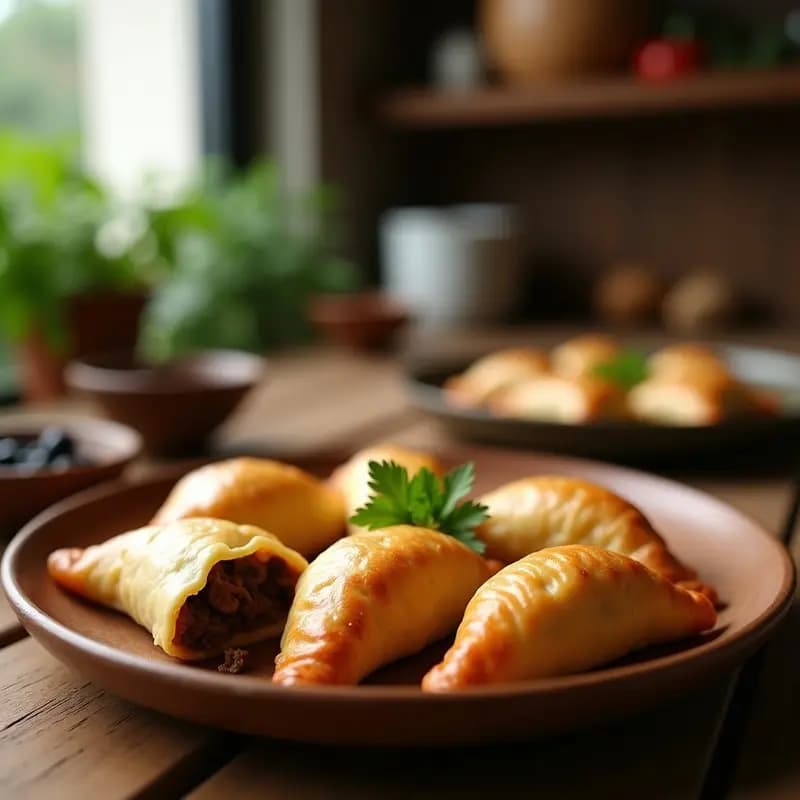 Rellenos de papa peruanos dorados y crujientes en airfryer, rellenos de carne de res desmenuzada y aceitunas negras, servidos en un plato rústico con hierbas frescas.