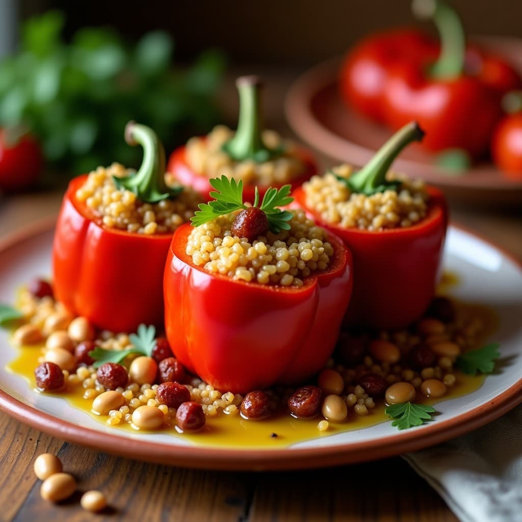Rellenos de pimiento morrón rojo asados al horno, abiertos por la parte superior, mostrando un relleno dorado de quinoa, pasas y piñones. Plato decorado con hierbas frescas y servido en una fuente de barro rústica, típico de la cocina griega vegana.