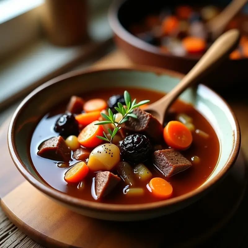 Olla lenta negra con Rendan Rusa: estofado eslavo de carne de res en cubos dorados, ciruelas pasas oscuras y verduras en salsa espesa, servido en un plato de barro rústico con una cuchara de madera.