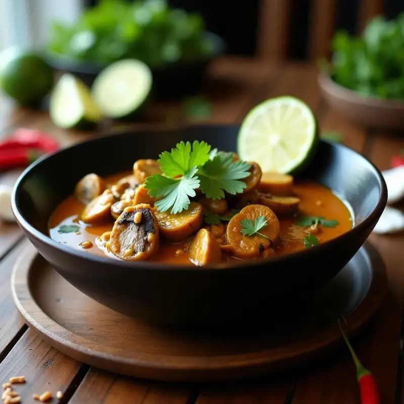 Plato hondo de barro con Rendang de Champiñones Portobello vegano, gajos dorados de champiñón bañados en salsa espesa de curry indonesio, decorado con almendras tostadas y cilantro fresco sobre fondo rústico.