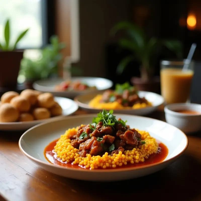 Olla de barro con Rendang Indonecio de Ternera, estofado picante y aromático de color marrón oscuro, servido con rodajas de lima kaffir y cacahuetes molidos, acompañado de arroz blanco en un plato rústico de madera.