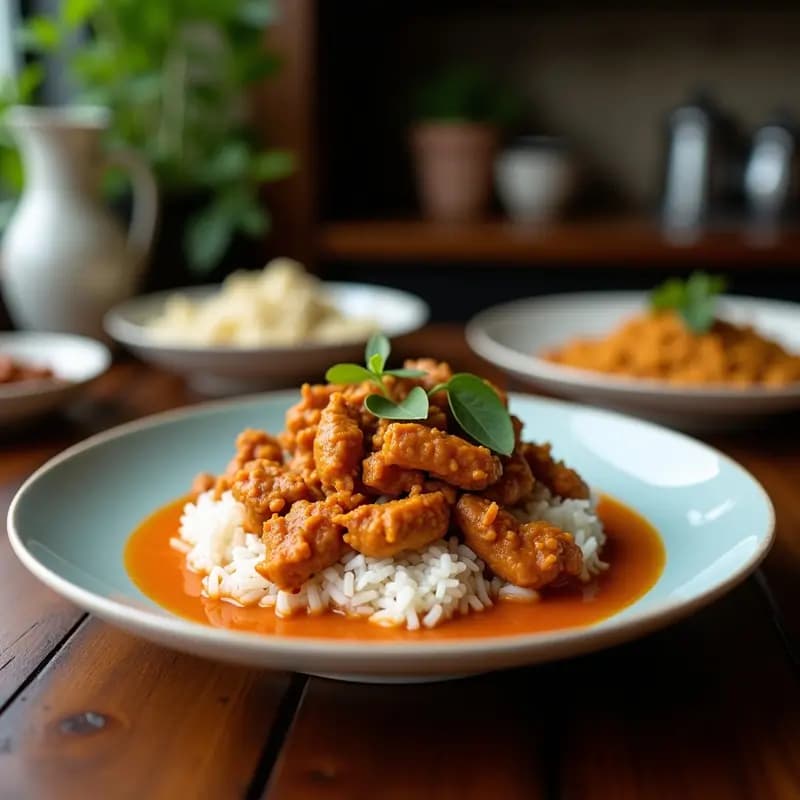 Plato hondo de barro con Rendang de Tempeh y Coco en salsa de especias, cubierto de cilantro fresco, sobre un fondo de hojas de plátano y arroz basmati blanco.