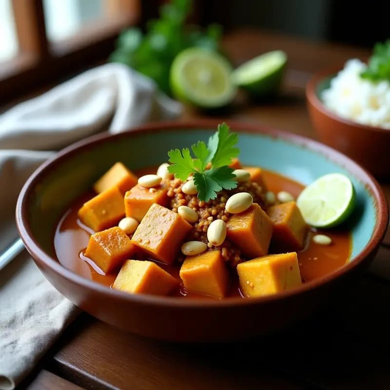Plato hondo de barro con Rendang de Tofu y Cacahuetes vegano, un curry indonesio espeso de color marrón oscuro, decorado con láminas de tofu ahumado, cacahuetes triturados y cilantro fresco sobre un fondo de madera rústica.