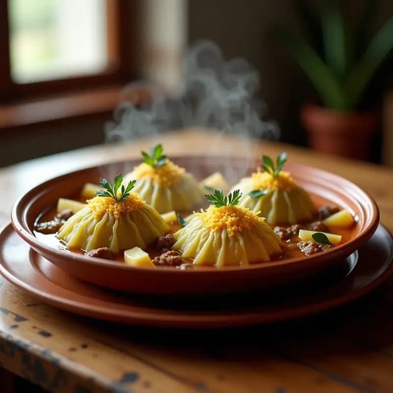 Olla de barro con repollo relleno de carne picada y patatas troceadas, bañados en un caldo dorado con hojas de laurel. Plato tradicional gallego de invierno, humeante y reconfortante.