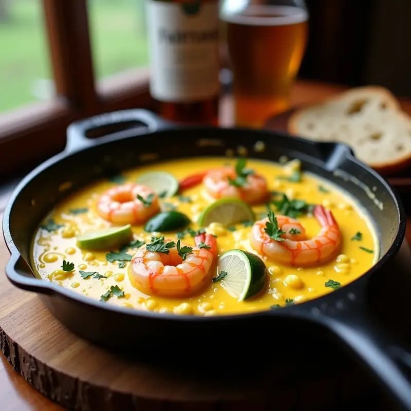 Sartén de hierro con revuelto de ajete y gambas cremoso, espolvoreado con perejil fresco. Plato típico vasco rápido y casero, con ajetes tiernos y gambas jugosas en primer plano.