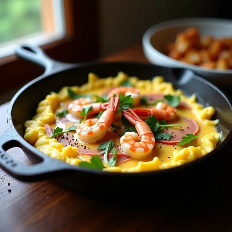 Revuelto de ajetes y gambas con jamón serrano en sartén de hierro fundido, huevo cremoso, ajetes tiernos, gambas rosadas y taquitos de jamón serrano dorados, decorado con perejil fresco.