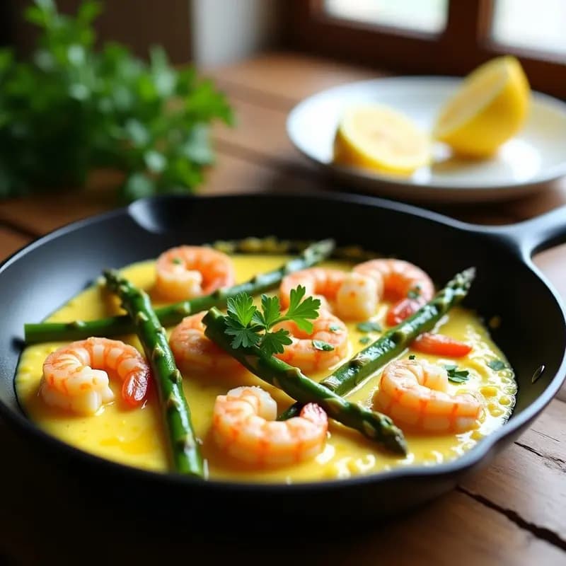 Sartén antiadherente con revuelto de espárragos trigueros y gambas, huevo cremoso y perejil fresco espolvoreado, servido con rodaja de limón. Receta primaveral fácil y baja en calorías.