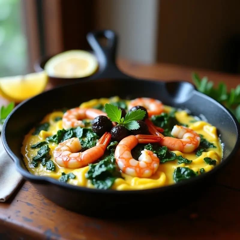 Sartén de hierro con revuelto cremoso de espinacas verdes y gambas rosadas, coronado con ajo negro brillante y perejil fresco, servido con una rodaja de limón.