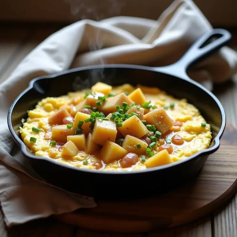 Sartén de hierro con revuelto francés cremoso de patatas rojas y puerros caramelizados, espolvoreado con cebollino fresco, sobre fondo rústico de madera.