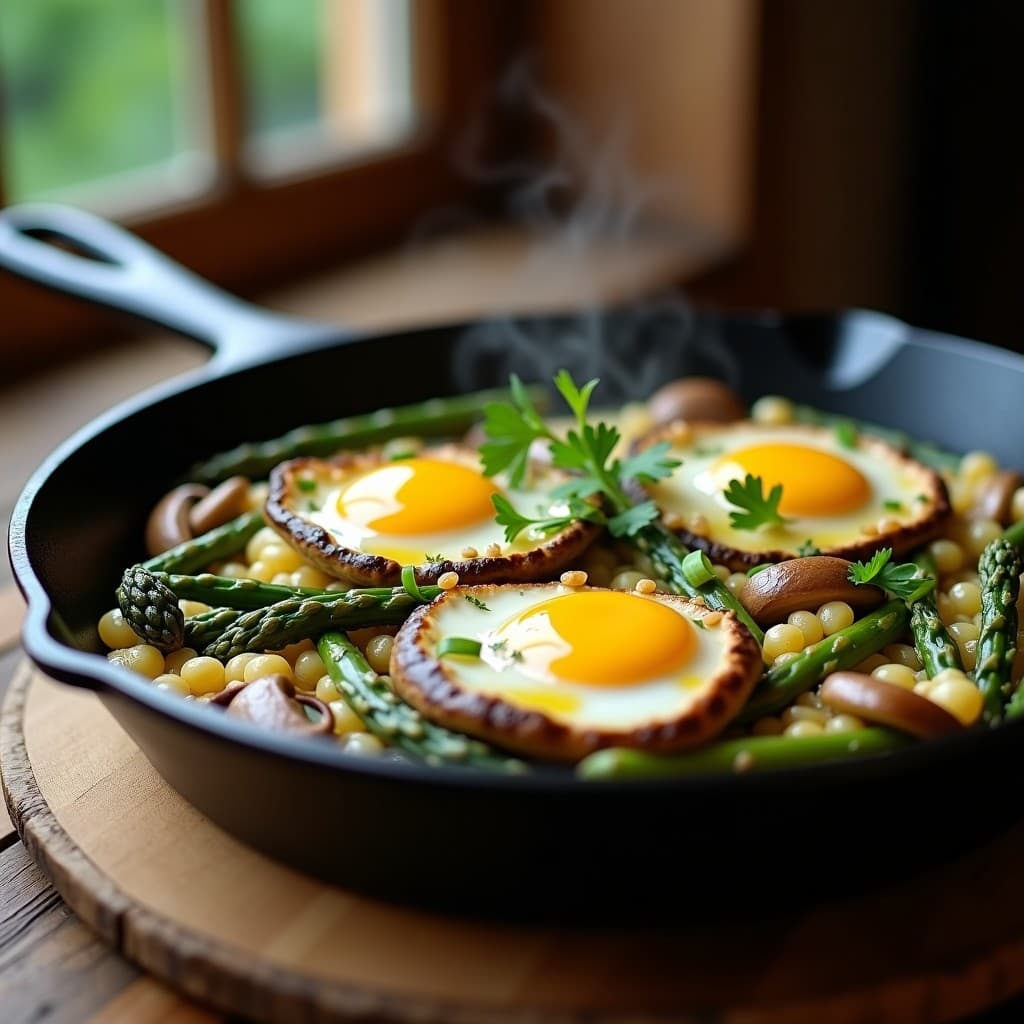 Sartén de hierro con revuelto cremoso de champiñones Portobello dorados, espárragos trigueros verdes y huevos de codorniz, decorado con cebollino y perejil fresco. Plato keto francés con textura sedosa y colores vibrantes.