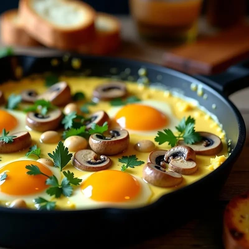 Revuelto de setas y ajetes en sartén antiadherente, con huevos cremosos, ajetes verdes y setas doradas, decorado con perejil fresco. Plato tradicional español de tapas, rápido y lleno de sabor.