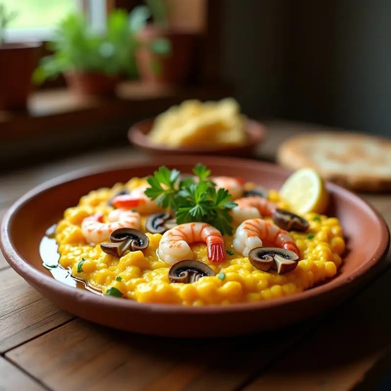 Plato hondo de barro con revuelto de setas y gambas cremoso, decorado con perejil fresco y rodajas de limón, servido sobre una mesa rústica de madera.