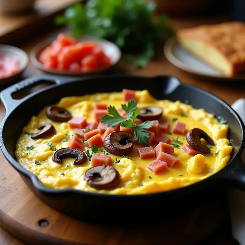 Revuelto de setas y jamón serrano en sartén de hierro fundido, con huevos cremosos, setas doradas y taquitos de jamón serrano, decorado con perejil fresco.