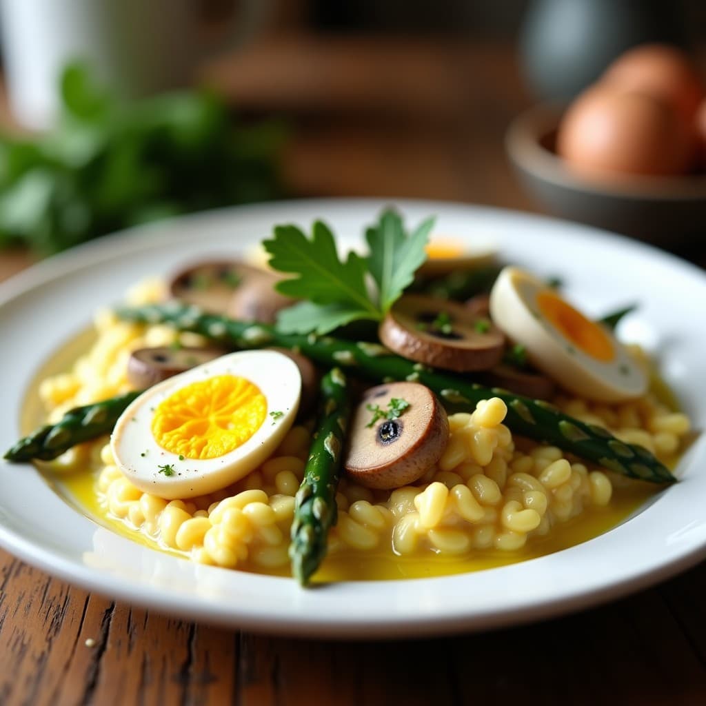 Revuelto cremoso de setas portobello en láminas doradas, espárragos verdes tiernos y huevos de codorniz cuajados, servido en plato blanco con perejil fresco y hilo de aceite de oliva. Receta en Thermomix alta en nutrientes.