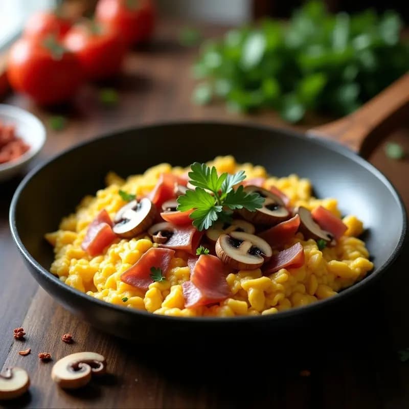 Sartén antiadherente con revuelto de setas doradas y taquitos de jamón serrano, huevos cremosos y perejil fresco, servido sobre fondo rústico de madera.
