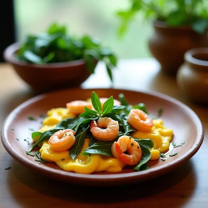 Plato hondo de barro con revuelto de tagarninas y gambas blancas, huevos cremosos, gambas rosadas y tagarninas verdes salteadas, decorado con perejil fresco y un chorrito de aceite de oliva.