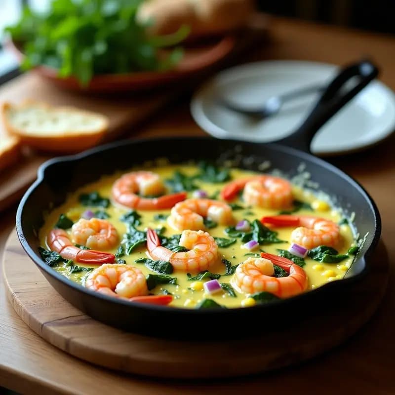 Sartén de hierro con revuelto de tagarninas y gambas primaveral, huevos cremosos entreverados con hojas verdes de tagarninas y gambas rosadas, decorado con perejil fresco y un chorrito de aceite de oliva virgen extra, sobre fondo de madera rústica.