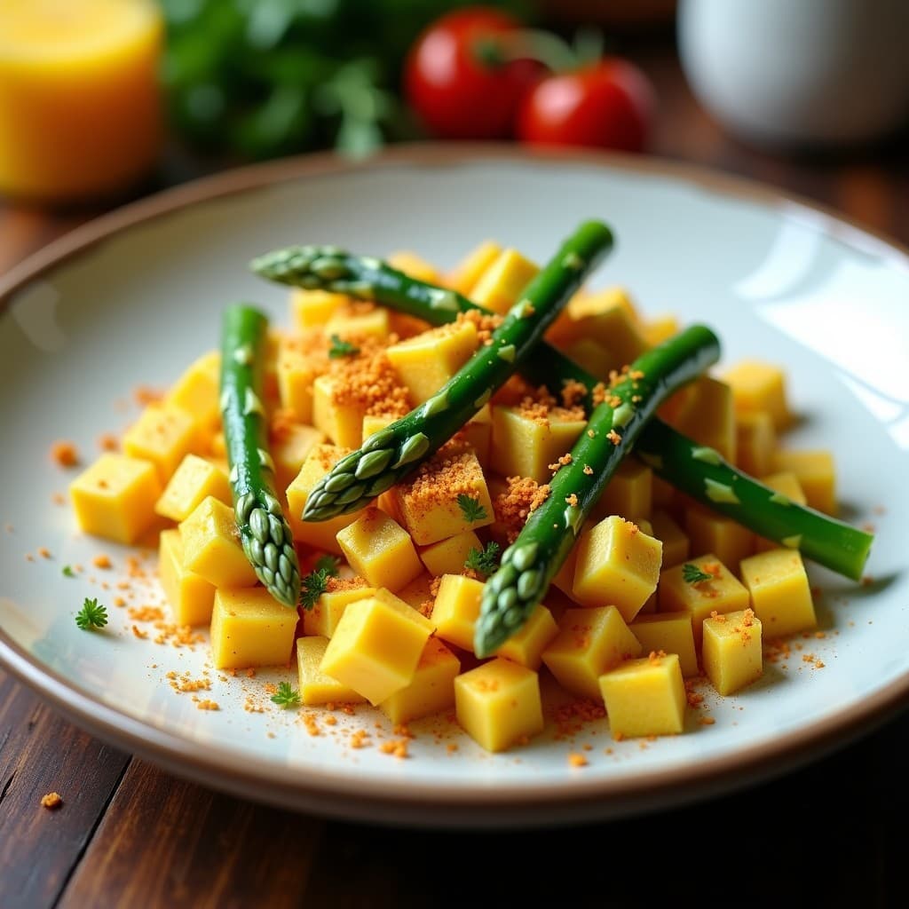 Plato hondo de cerámica blanca con revuelto de tempeh dorado, espárragos trigueros verdes y hebras de azafrán, decorado con levadura nutricional y pimentón. Desayuno vegano alto en proteínas con fondo rústico de madera.