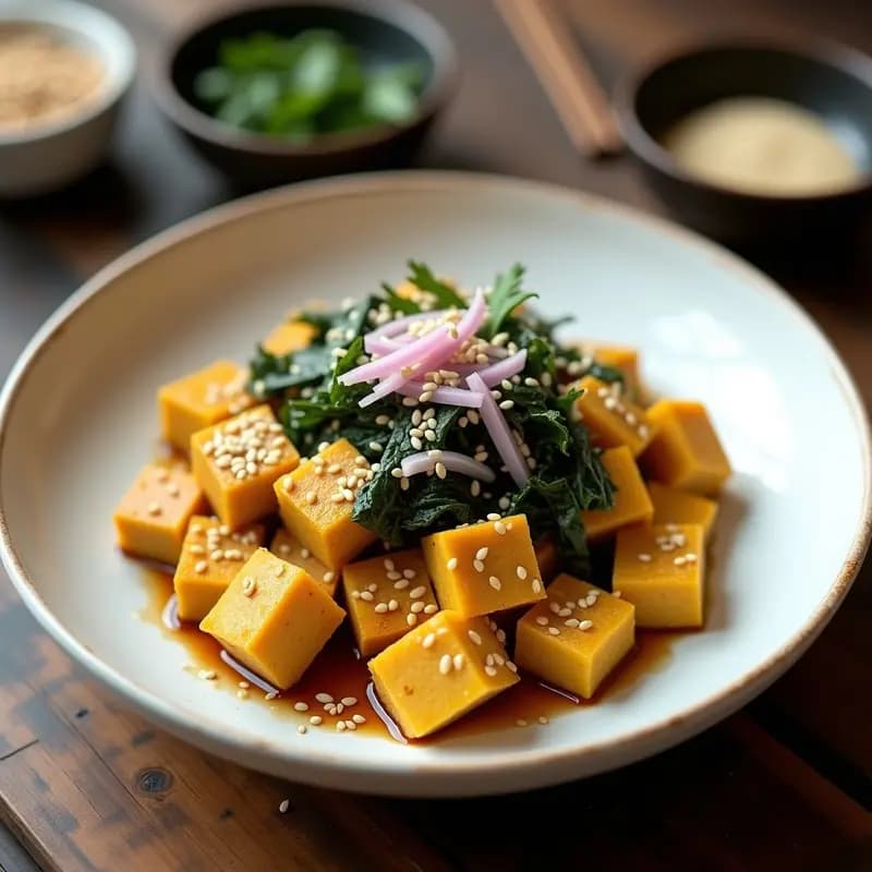 Plato blanco con revuelto de tofu dorado, algas nori en tiras oscuras, semillas de sésamo espolvoreadas y un fondo de cebolla morada salteada, desayuno japonés alta en proteína.