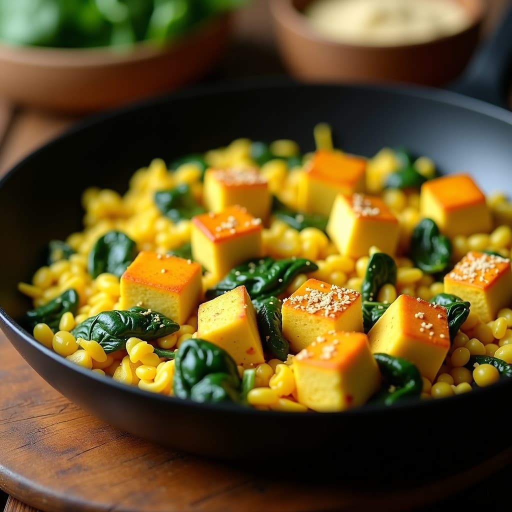 Sartén antiadherente con revuelto de tofu dorado, espinacas verdes salteadas y especias visibles, servido sobre fondo rústico de madera. Plato colorido y apetitoso, ideal para desayuno proteico vegano.