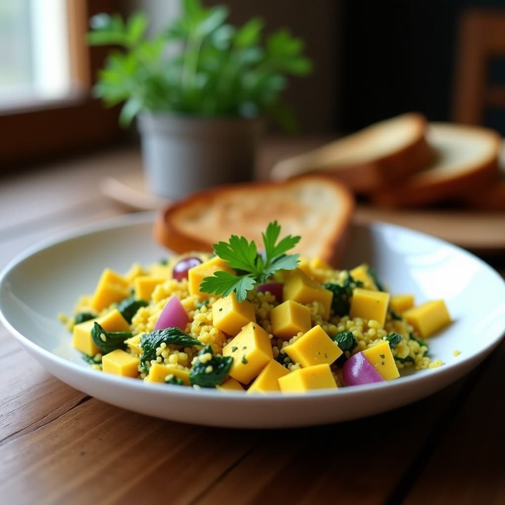 Revuelto de tofu dorado con turmeric y espinacas frescas en sartén de hierro fundido, estilo francés. Plato vegano alto en hierro con semillas de sésamo y hierbas provenzales.
