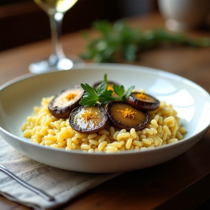Plato hondo de cerámica blanca con risolatto de champiñones portobello y azafrán, cremoso y dorado, decorado con hebras de azafrán y perejil fresco. Los champiñones portobello en láminas se ven jugosos sobre el arroz integral. Fondo de mesa de madera rústica con copas de vino blanco.