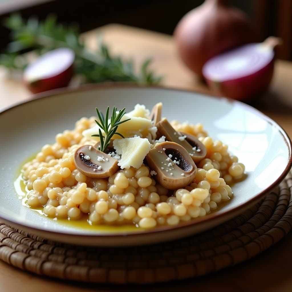Plato hondo blanco con risotto cremoso de avena y champiñones portobello, coronado con virutas de trufa blanca y un hilo de aceite de trufa, sobre fondo de madera rústica.