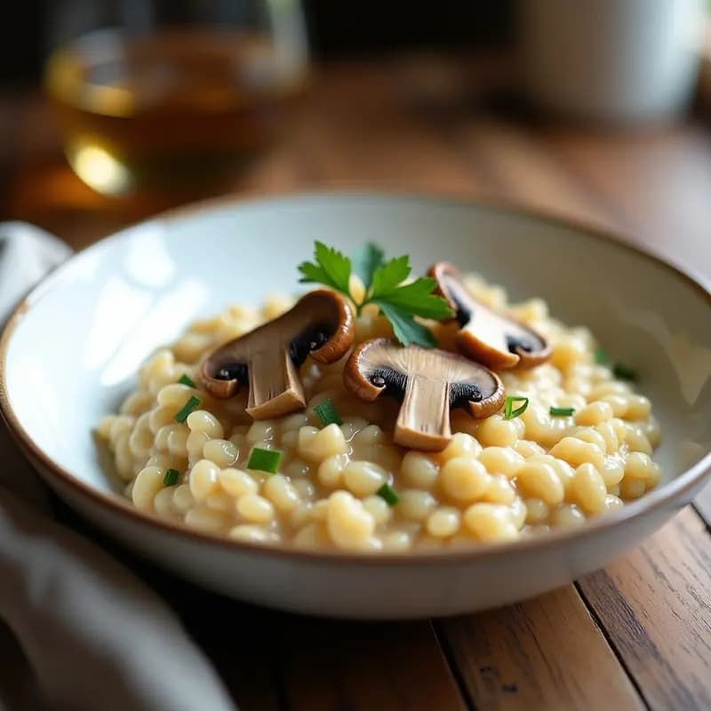 Plato hondo de cerámica blanca con risotto cremoso de color beige, salpicado de láminas doradas de hongos chanterelle y perejil fresco picado. Receta de risotto de avena y hongos chanterelle sin lactosa en Thermomix.