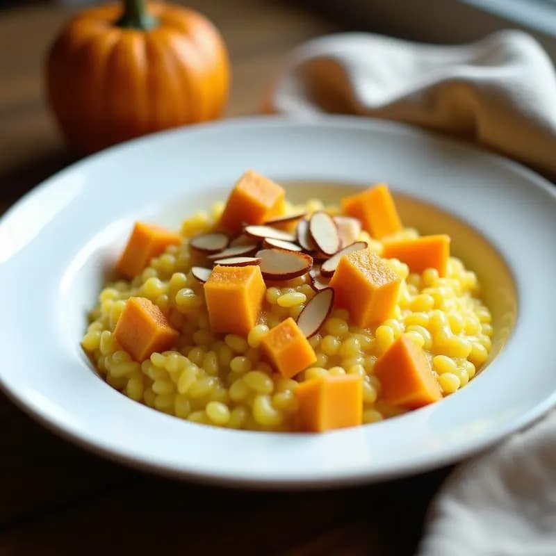 Plato hondo blanco con risotto cremoso de color amarillo dorado gracias al azafrán, trozos de calabaza kabocha naranja y almendras fileteadas tostadas espolvoreadas por encima. Receta italiana en airfryer sin arroz, servida con elegancia.